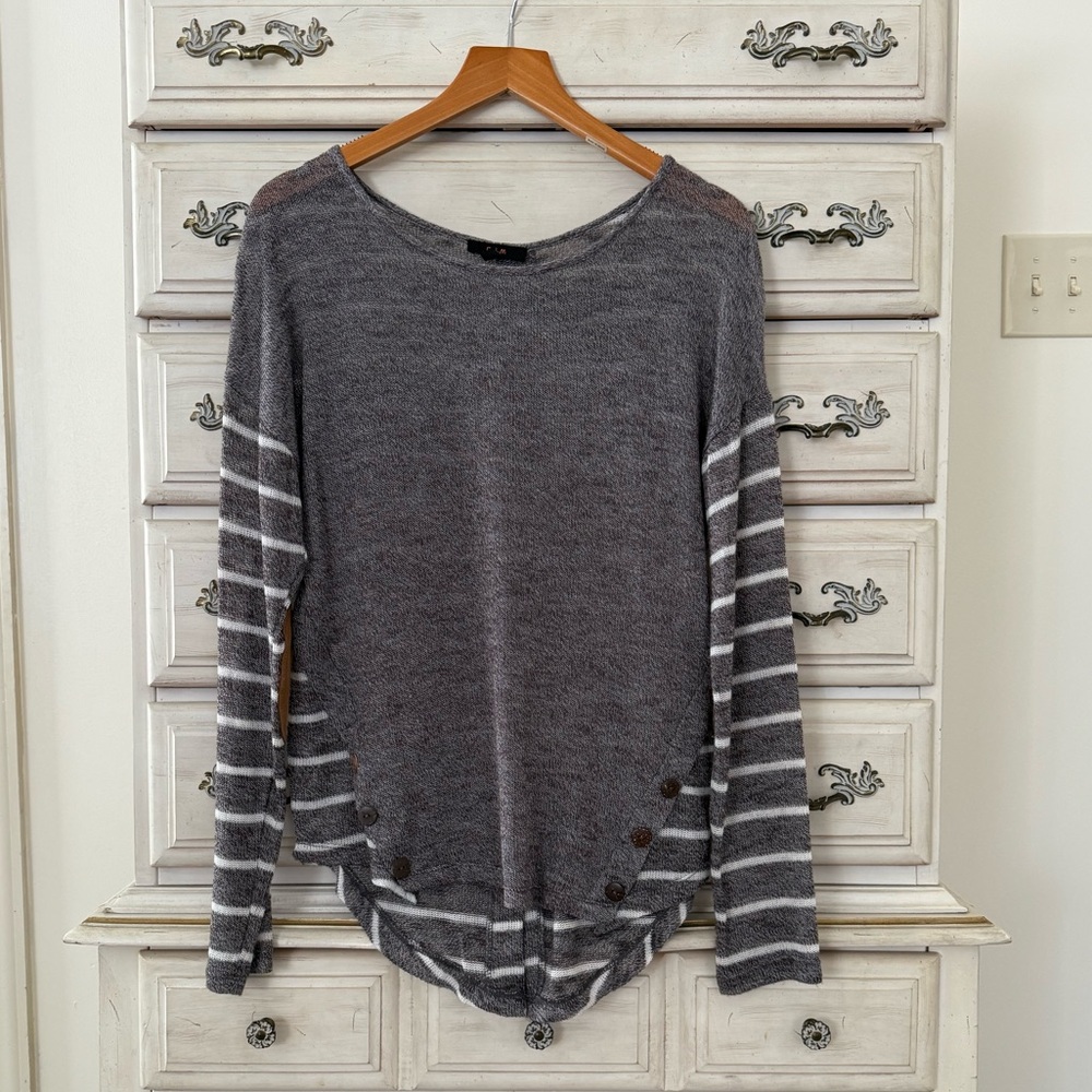 Vici Striped Elbow Patch Button Back Knit Top